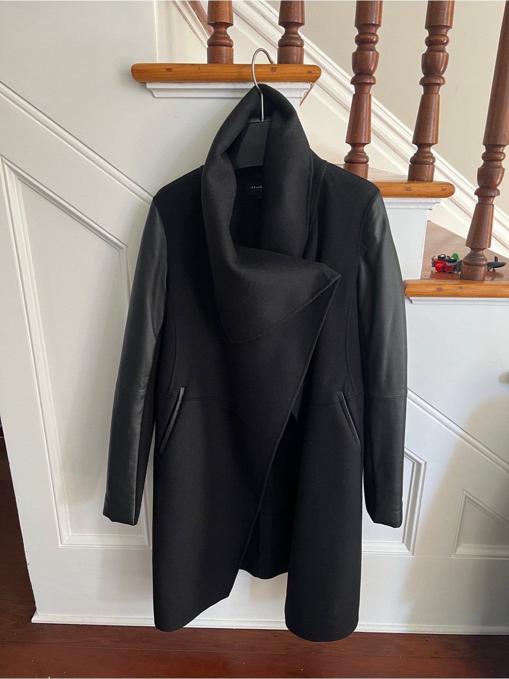 Mackage Black Draped Wool Coat with Leather Sleeves